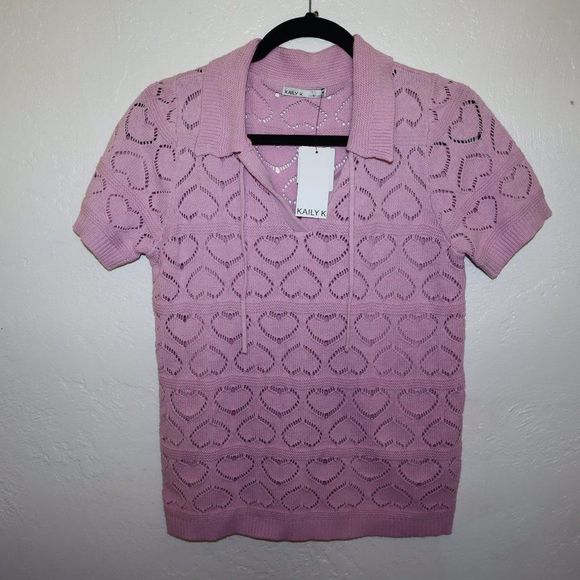 Kaily K Tops - Kaily K Pink Heart Short Sleeve Knit Top Women's Size M-NWT